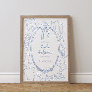 Poster Toile De Jouy Baby shower Bleu Bleu Whimsical