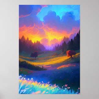 Poster Toile de la nature, Coucher de soleil sur la vallé