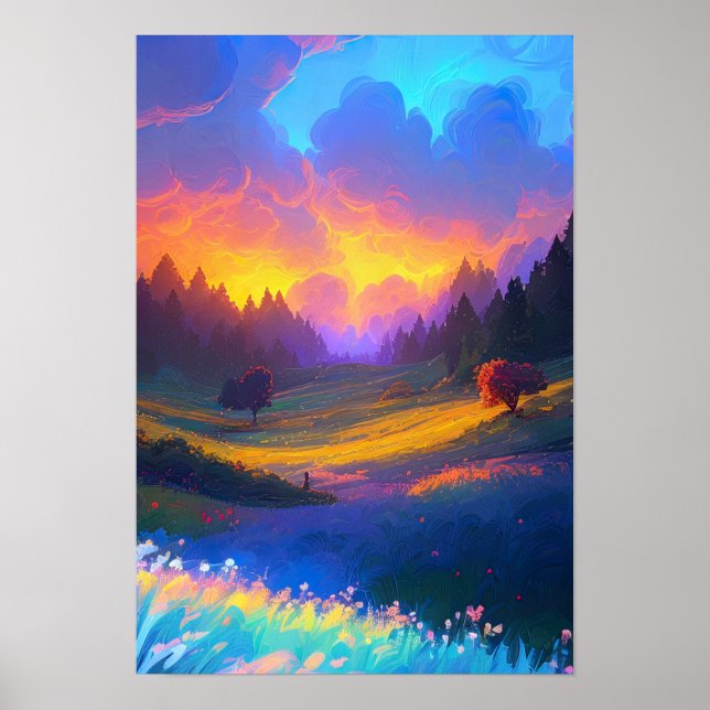 Poster Toile de la nature, Coucher de soleil sur la vallé (Devant)
