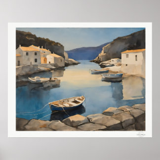 Poster Toile de port méditerranéen, bateaux de pêche côti