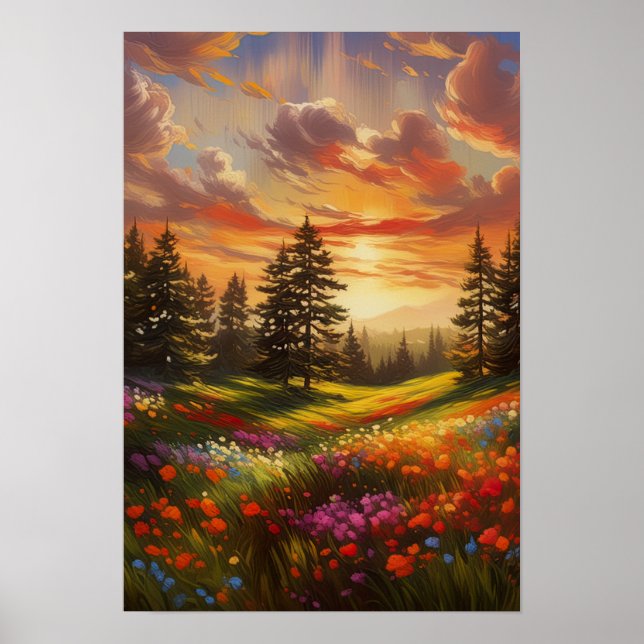 Poster Toile du coucher du soleil, Fleurs colorées (Devant)