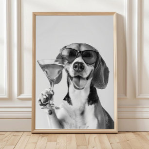 Poster Toile représentant un beagle tenant un cocktail, n