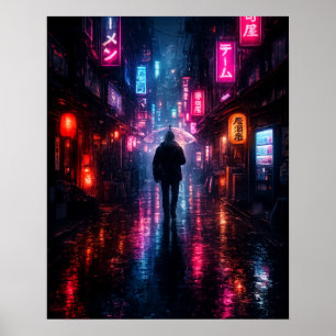 Poster Tokyo Cyberpunk Allée Pluie Néon Japonais