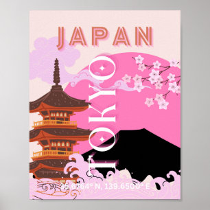 Poster Tokyo Japan Travel Art, Retro Travel Art, Rose