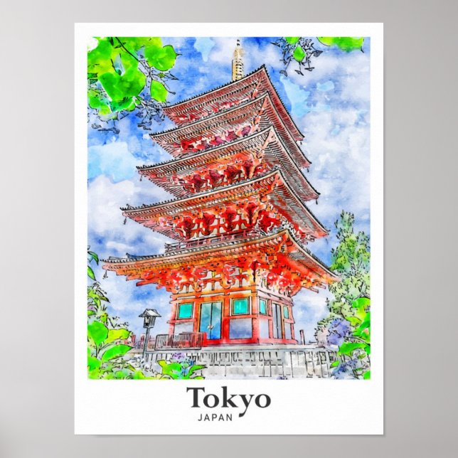Poster Tokyo Japon Aquarelle Voyage Main tirée (Devant)