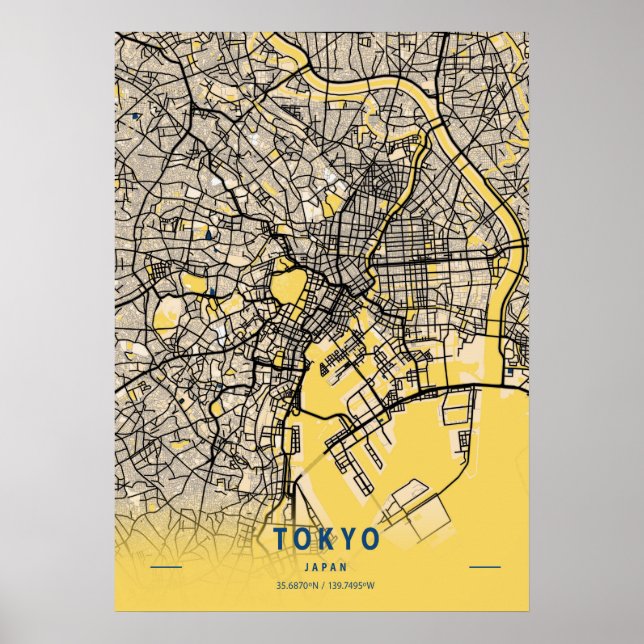 Poster Tokyo - Japon Carte de la ville jaune (Devant)