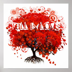 Poster Tombez amoureux de l'arbre rouge avec des cœurs qu