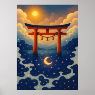 Poster Torii Porte avec Imaginaire soleil et lune Japonai
