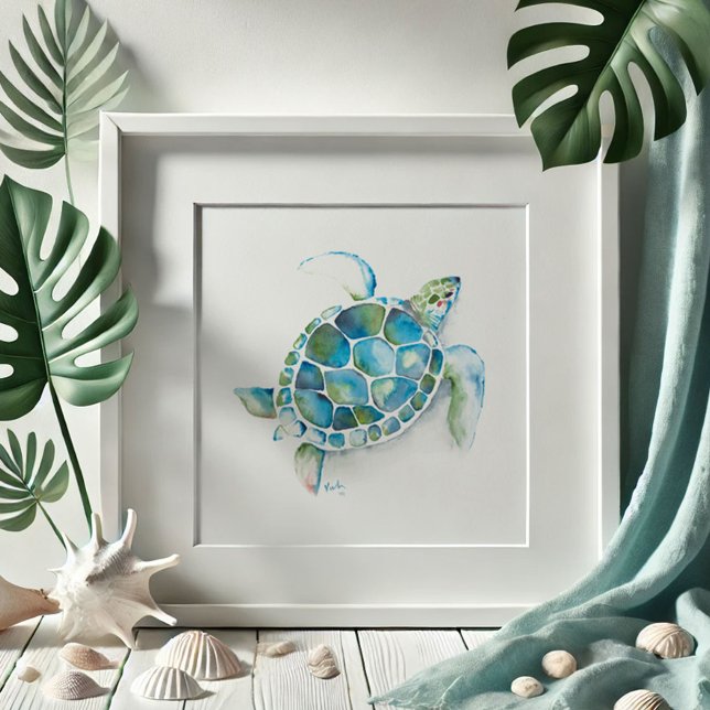 Poster Tortue de mer à l'aquarelle (Sea turtle drawing beach pictures watercolor art by Victoria Grigaliunas Do Tell A Belle)