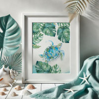 Tortue de mer à l'aquarelle et feuilles de Monster