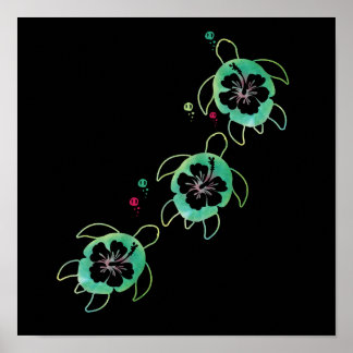 Poster Tortue de mer Artistique Hibiscus Fleur Stylish Cu