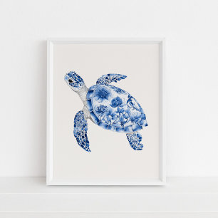 Poster Tortue de mer - Bleu côtier sur le beige