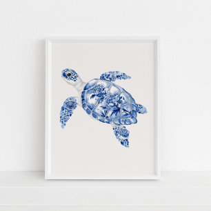 Poster Tortue de mer - Bleu côtier sur le beige