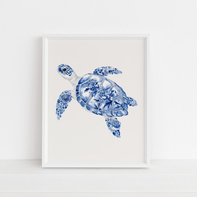 Poster Tortue de mer - Bleu côtier sur le beige (Overhead Sea Turtle – Coastal Blue on Beige Poster in a white frame on the floor)