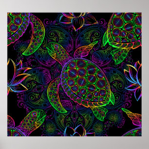 Poster Tortue de mer Boho : Motif psychédélique mandala