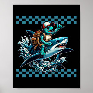 Poster Tortue de mer chevauchant un requin pour ramener l