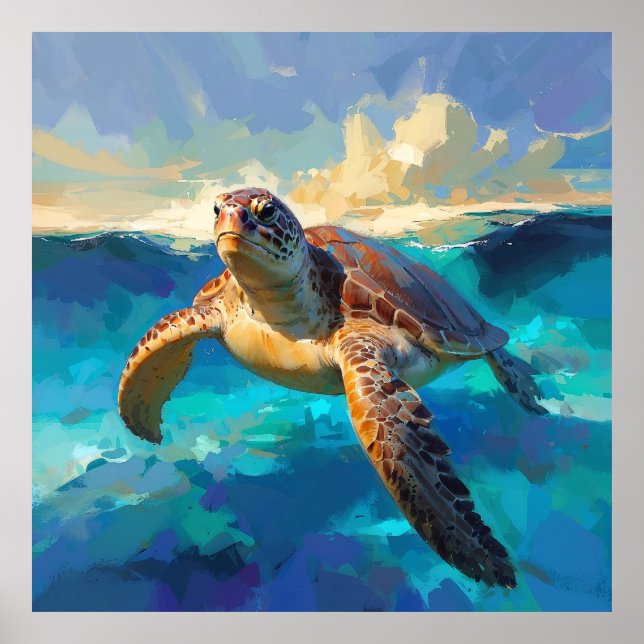 Poster Tortue de mer en peinture océanique dynamique (Devant)