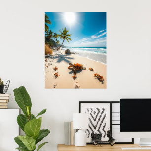 Poster Tortue de mer et crabes sur une plage tropicale –