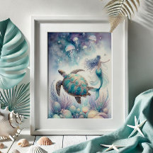 Tortue de mer et Mermaid Art Mur