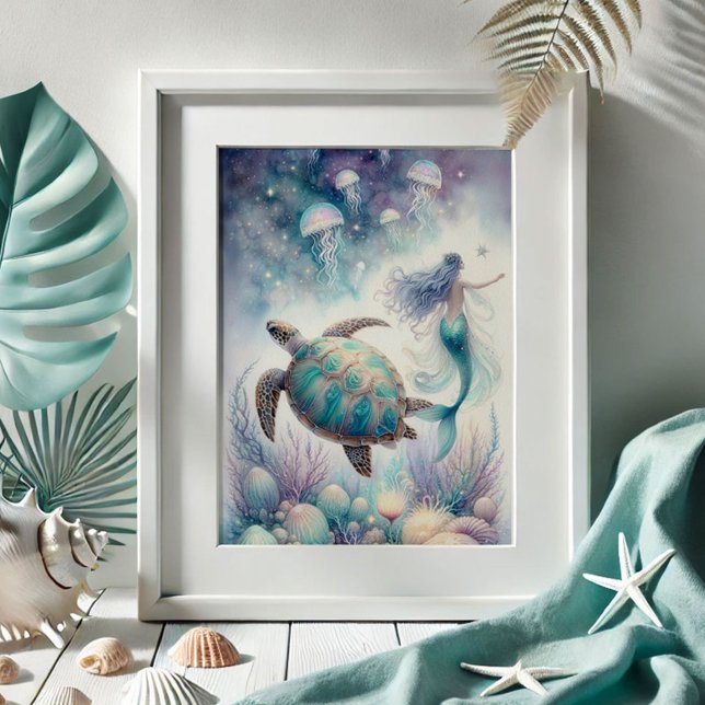 Poster Tortue de mer et Mermaid Art Mur (beach pictures mermaid and sea turtle drawing by Do Tell A Belle. Shop)