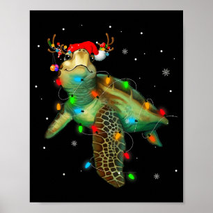 Poster Tortue de mer Lumières de Noël Drôle de chapeau de
