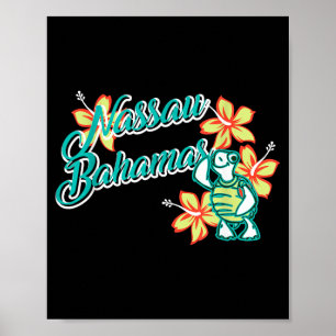 Poster Tortue de mer mignonne avec fleur Nassau Bahamas É