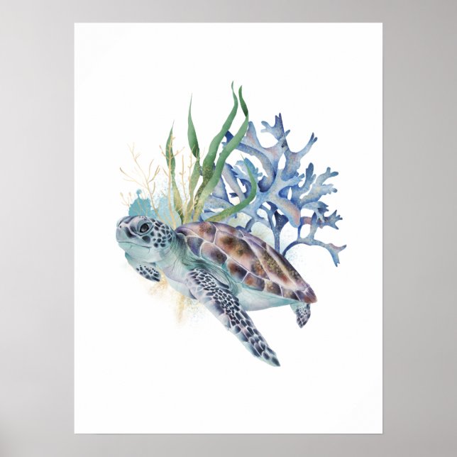 Poster Tortue de mer sous la mer Aquarelle Mur d'art (Devant)