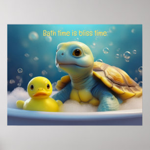 Poster Tortue et canard en caoutchouc dans le bain Texte