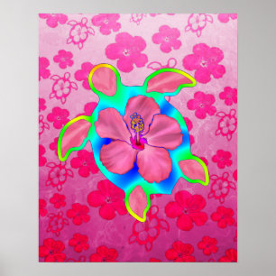 Poster Tortue luth tropicale et Hibiscus