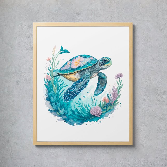 Poster Tortue marine animale en aquarelle (Watercolor Sea Turtle Marine Animal Poster
)