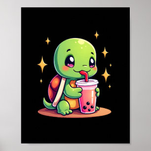 Poster Tortue mignonne buvant du boba. Drôles de tortues