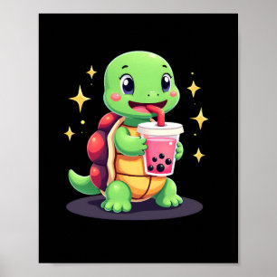 Poster Tortue mignonne buvant du boba. Drôles de tortues
