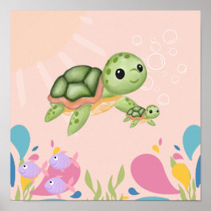 Poster Tortue mignonne dans la scène océanique rose,
