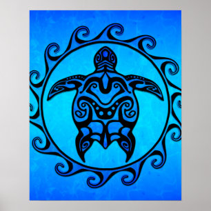 Poster Tortue tribale bleue Sun