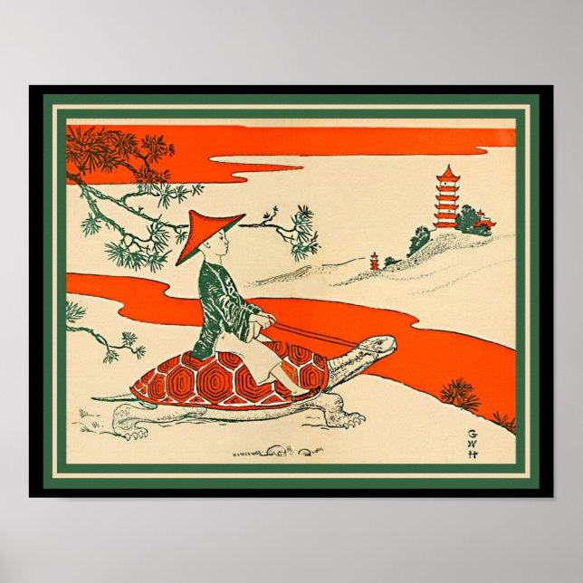 Poster Tortue vintage, tortue d'équitation chinoise (copi (Devant)