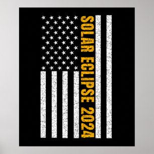 Poster Total Solar Eclipse USA 8 avril 2024 Drapeau améri