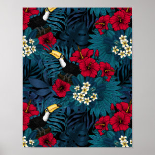 Poster Toucans et flore tropicale, verte et rouge
