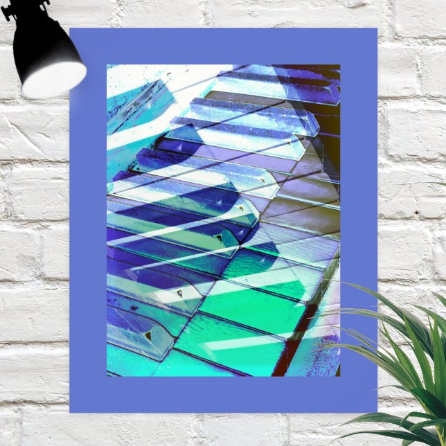 Poster Touches de clavier de piano musique Abstrait bleu  (A contemporary poster with abstract piano keys design, in blue, green, black and white)