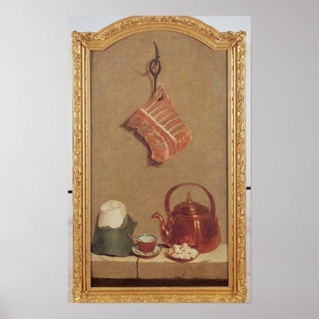 Poster Toujours Vie avec viande, bouilloire et tasse (Devant)