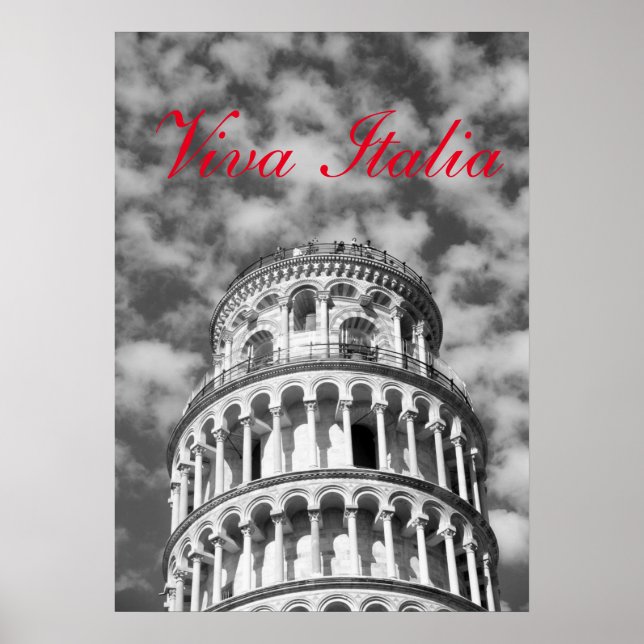 Poster Tour de Pise blanche noire Viva Italia (Devant)