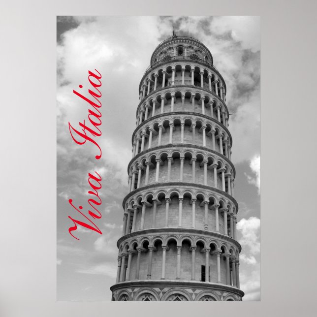 Poster Tour de Pise blanche noire Viva Italia (Devant)