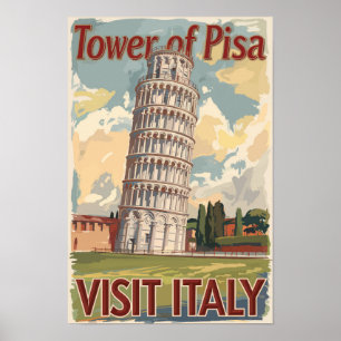 Poster Tour de Pise Italie Peinture Voyage Art Vintage
