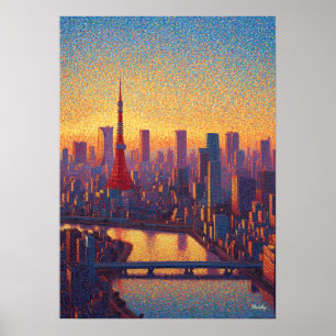 Poster Tour Eiffel de Tokyo Pointillisme Skyline Coucher 