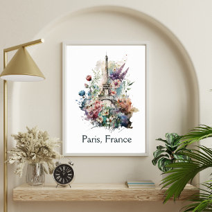 Poster Tour Eiffel Fleur Floral Aquarelle Paris France