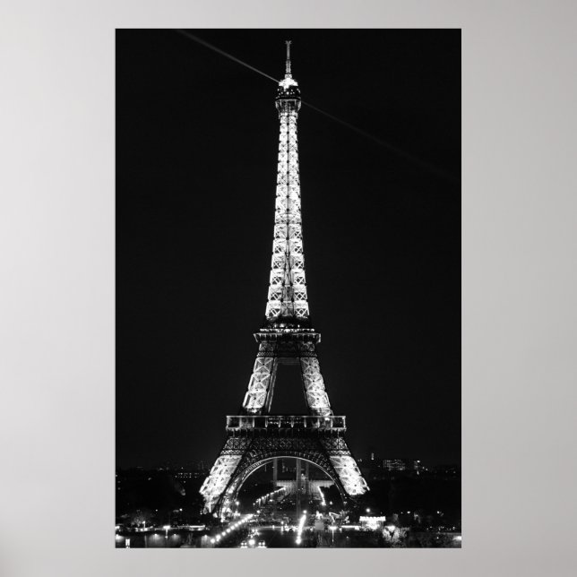 Poster Tour Eiffel noire et blanche à Paris la nuit (Devant)