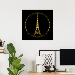 Poster Tour Eiffel paillettes dorées scintillent sur fond