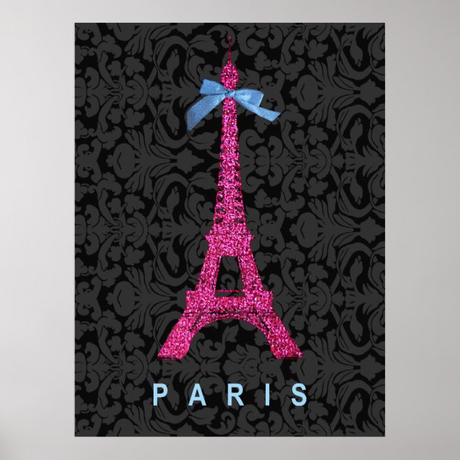 Poster Tour Eiffel rose chaud en faux parties scintillant (Devant)