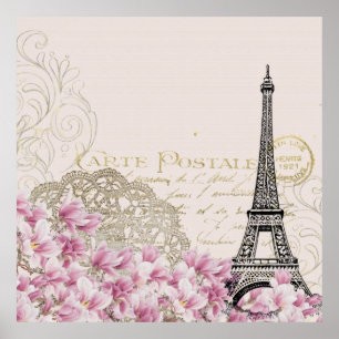 Poster Tour Eiffel Vintage Paris France Romance Rose