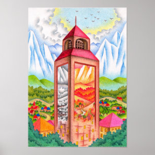 Poster Tour horloge qui incarne les quatre saisons.