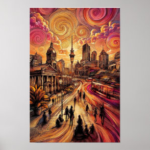 Poster Tourbillon de la ville au coucher du soleil - Spir